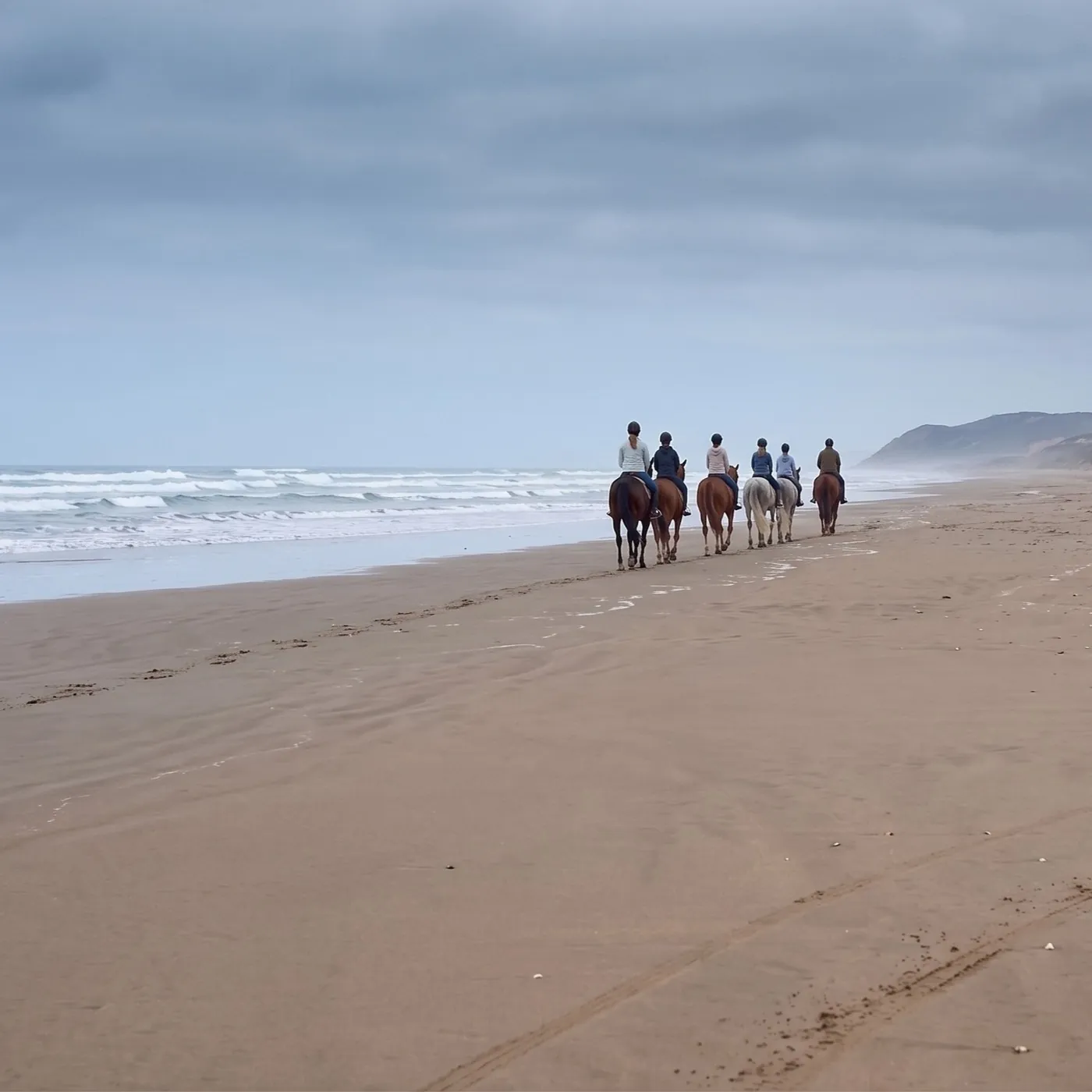 Group on horseback riding along the shoreline in Canoa