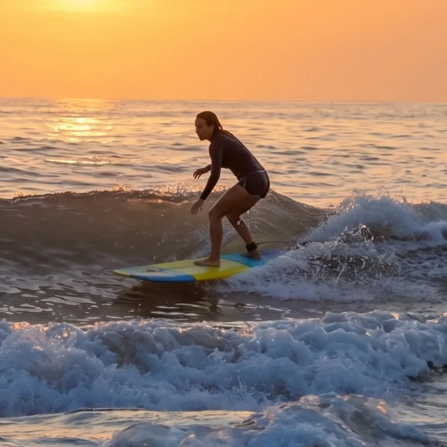 Surfer riding a wave at sunset on Canoa beach, Ecuador